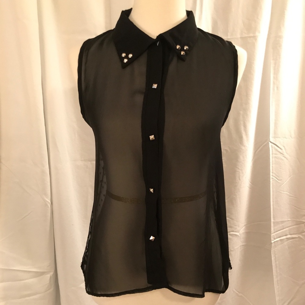 Black Mesh Sleeveless Collared Tank Top